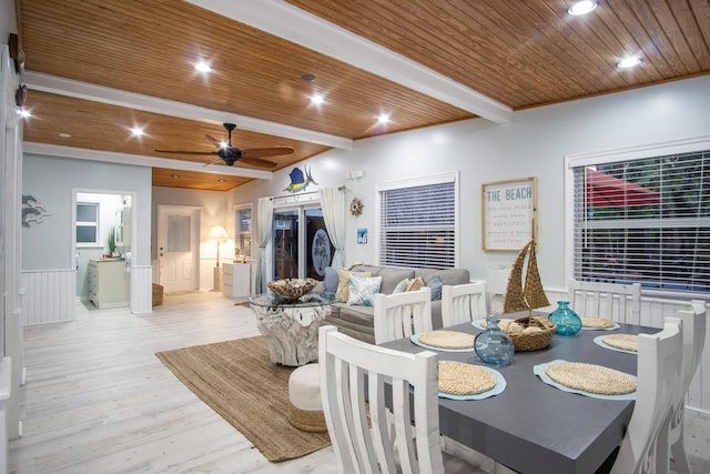 dining room with wood ceiling, ceiling fan, light hardwood / wood-style floors, and beamed ceiling