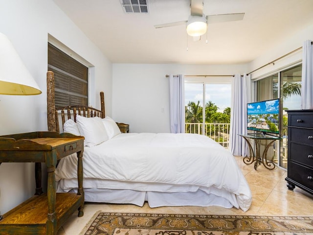 bedroom with light tile patterned floors, access to outside, and ceiling fan