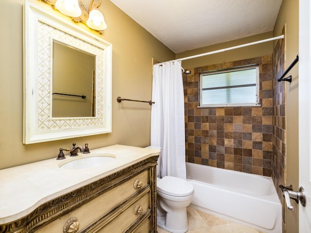 full bathroom with toilet, a textured ceiling, vanity, shower / bath combo, and tile patterned flooring