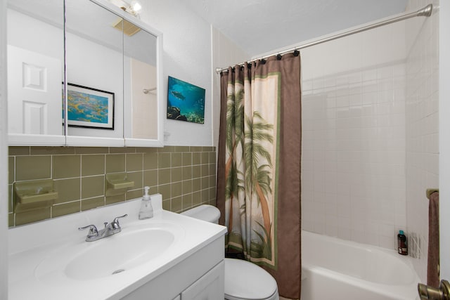 bathroom featuring visible vents, tile walls, toilet, shower / bath combo, and vanity
