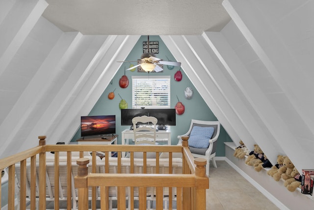 bedroom featuring tile patterned flooring and vaulted ceiling