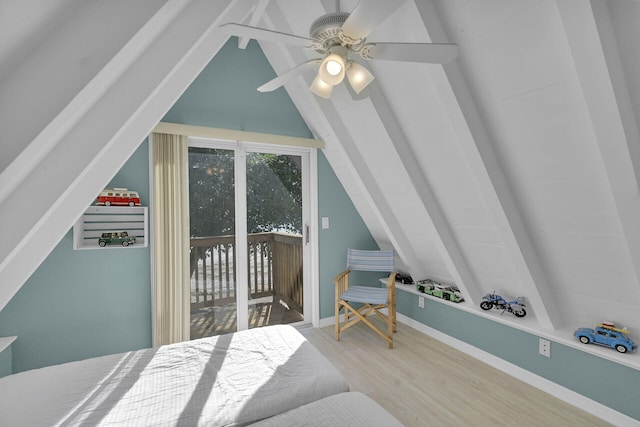 bedroom with ceiling fan, lofted ceiling, light wood-type flooring, and access to outside