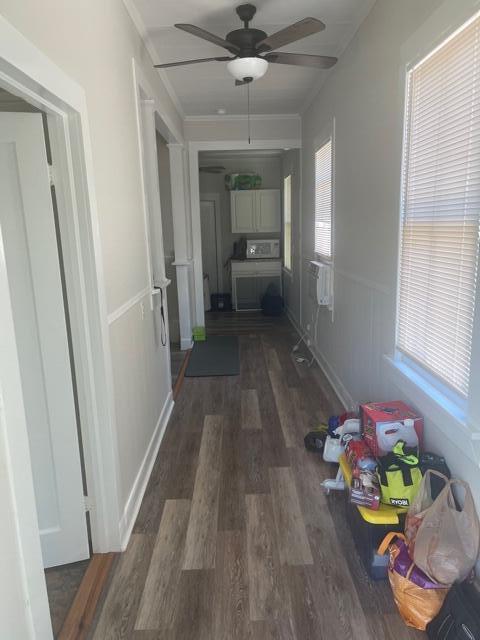 hallway featuring dark hardwood / wood-style flooring, crown molding, and a healthy amount of sunlight