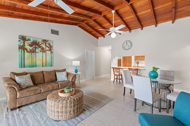 tiled living room with beamed ceiling, ceiling fan, high vaulted ceiling, and wooden ceiling