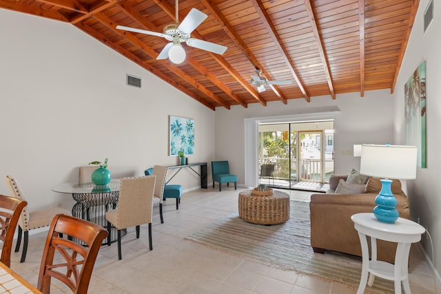 tiled living room featuring beam ceiling, ceiling fan, wooden ceiling, and high vaulted ceiling