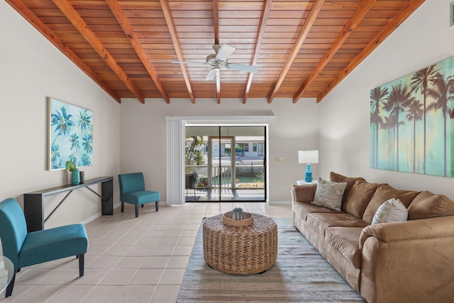 tiled living room with wood ceiling, lofted ceiling with beams, and ceiling fan