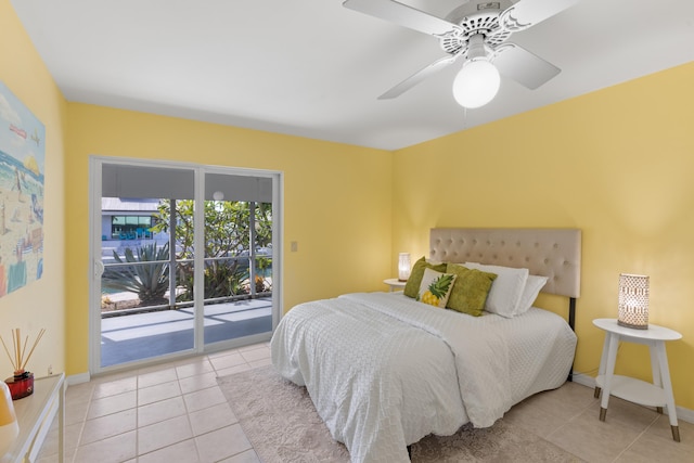 bedroom with ceiling fan, access to exterior, and light tile patterned floors