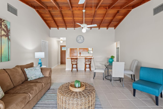 living room with light tile patterned floors, wooden ceiling, and beam ceiling