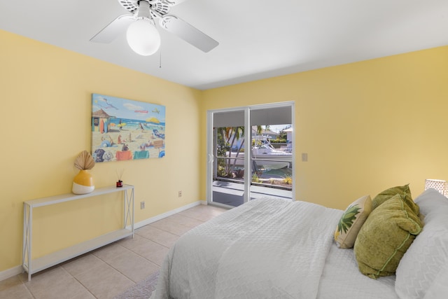 tiled bedroom with ceiling fan