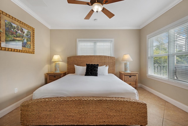 tiled bedroom with crown molding and ceiling fan