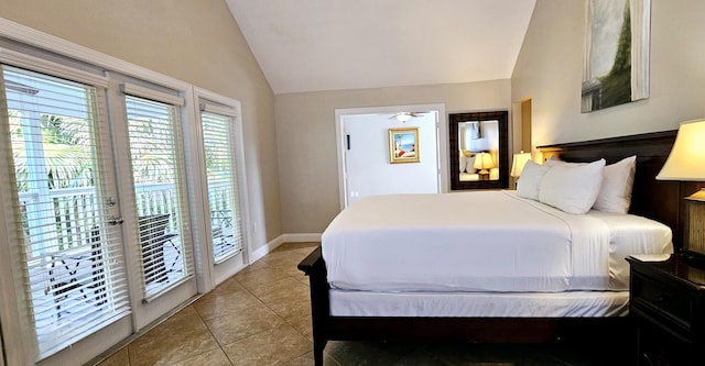 bedroom featuring lofted ceiling, access to outside, and light tile patterned flooring