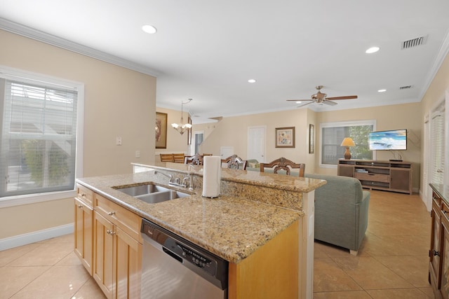 kitchen featuring sink, crown molding, hanging light fixtures, dishwasher, and an island with sink