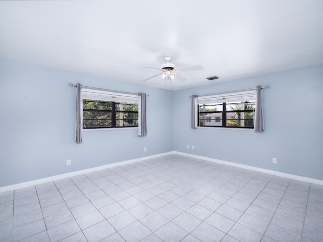 spare room with visible vents, baseboards, and a ceiling fan