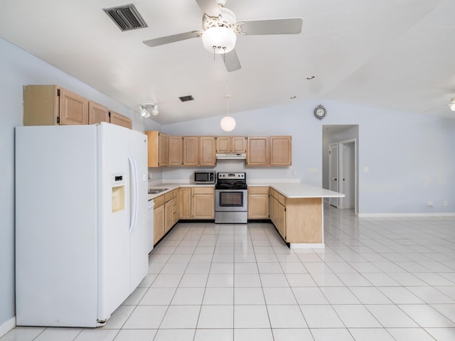 kitchen featuring visible vents, light brown cabinetry, under cabinet range hood, appliances with stainless steel finishes, and a peninsula