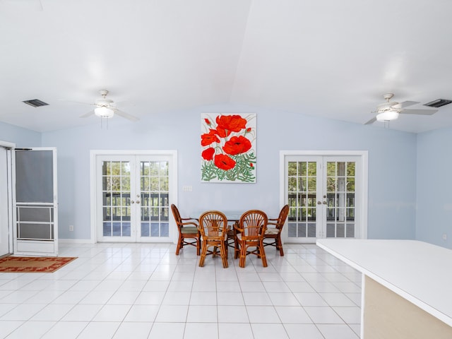 dining room featuring visible vents, french doors, and a ceiling fan