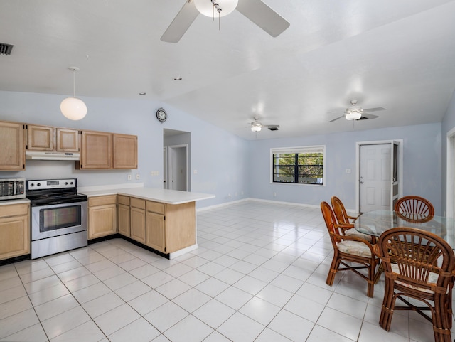 kitchen with under cabinet range hood, appliances with stainless steel finishes, ceiling fan, and light brown cabinetry