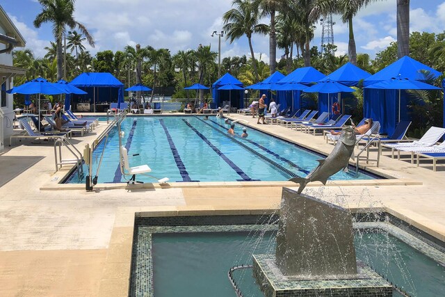 view of pool featuring a patio, pool water feature, and a community hot tub