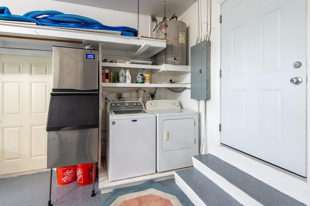 laundry room with independent washer and dryer, electric panel, and water heater