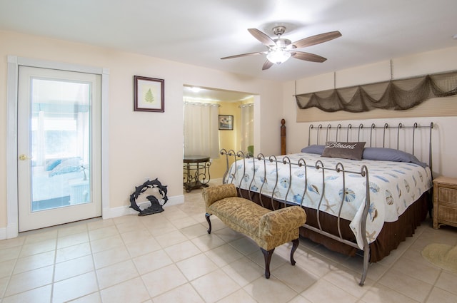 bedroom with light tile patterned floors, access to outside, and ceiling fan