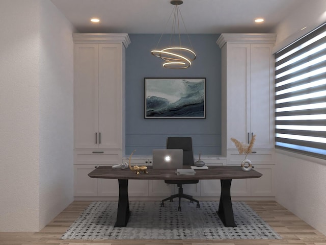 office area featuring light hardwood / wood-style flooring and a notable chandelier