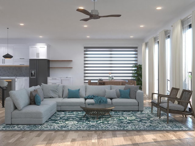 living room featuring wood-type flooring, wine cooler, and ceiling fan