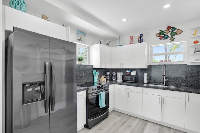 kitchen with stainless steel appliances, sink, decorative backsplash, and white cabinets