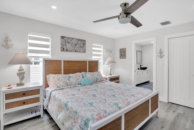 bedroom featuring ceiling fan and light hardwood / wood-style floors