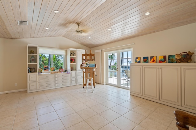 interior space featuring light tile patterned flooring, french doors, wood ceiling, vaulted ceiling, and access to exterior