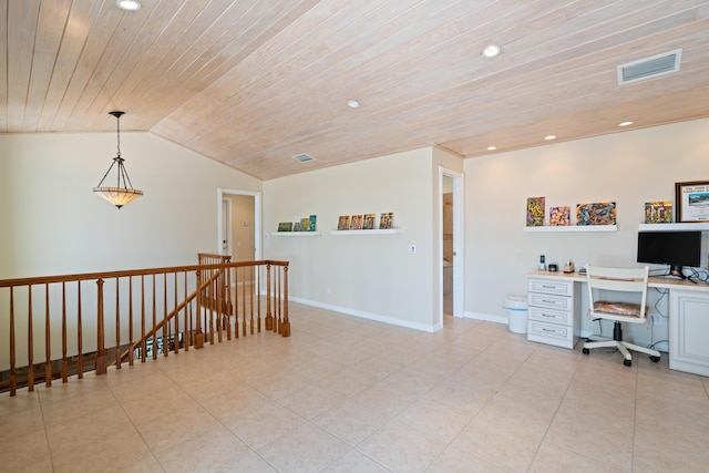 home office featuring vaulted ceiling, light tile patterned flooring, and wooden ceiling