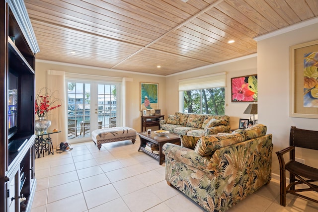 tiled living room featuring a healthy amount of sunlight, ornamental molding, and wooden ceiling