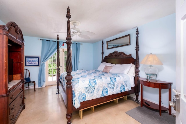 bedroom with access to exterior and ceiling fan