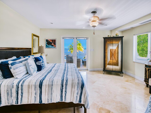 bedroom featuring access to outside and ceiling fan