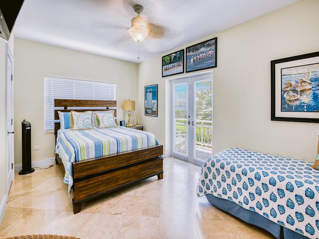 tiled bedroom featuring access to exterior, french doors, and ceiling fan