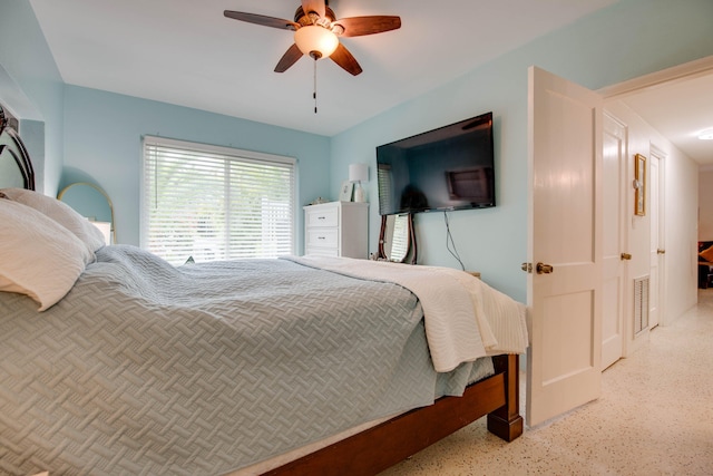 bedroom with speckled floor, visible vents, and a ceiling fan