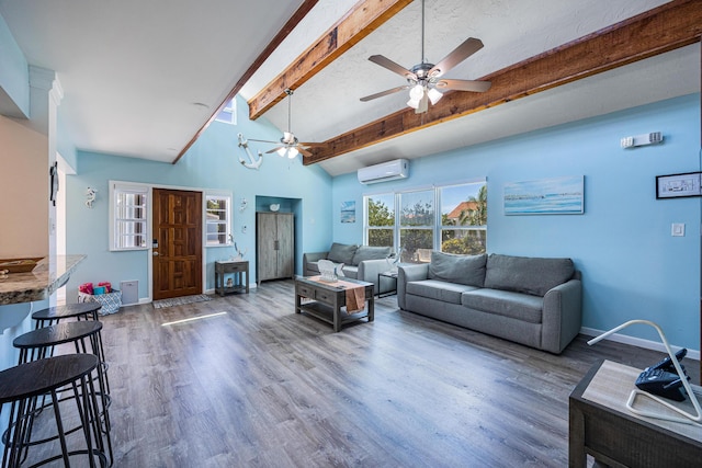 living room featuring dark hardwood / wood-style floors, a wall mounted air conditioner, vaulted ceiling with beams, ceiling fan, and a textured ceiling