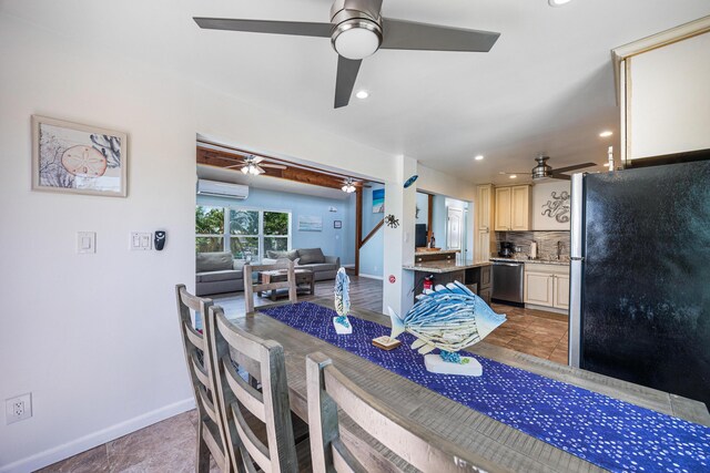 dining area with a wall mounted air conditioner and ceiling fan