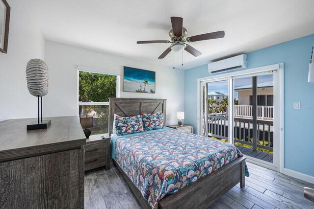 bedroom with dark hardwood / wood-style flooring, ceiling fan, access to exterior, and a wall unit AC