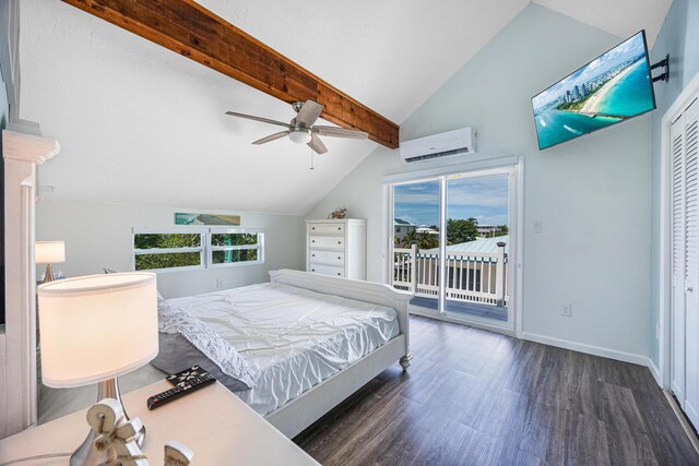 bedroom with lofted ceiling with beams, access to exterior, ceiling fan, dark wood-type flooring, and a wall unit AC