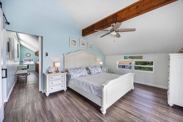 bedroom with beamed ceiling, ceiling fan, high vaulted ceiling, and dark wood-type flooring