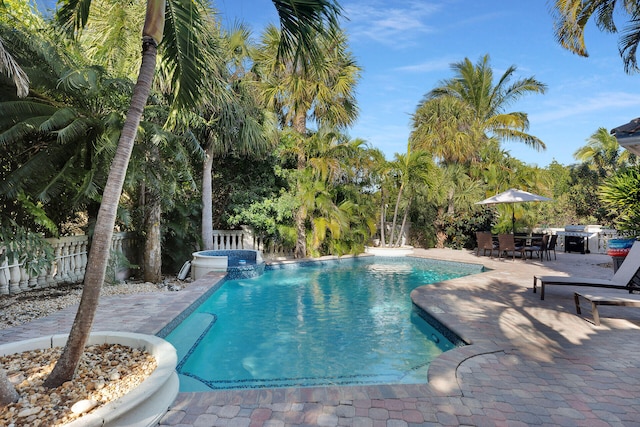 view of swimming pool featuring an in ground hot tub and a patio area