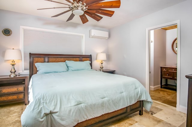 bedroom featuring a wall mounted AC and ceiling fan