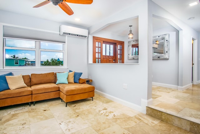 living room with a wall mounted air conditioner, a wealth of natural light, and ceiling fan