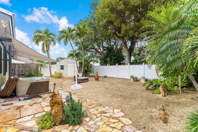 view of yard with a storage shed and a hot tub