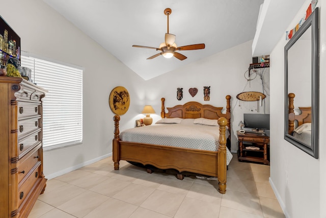 bedroom featuring light tile patterned floors, vaulted ceiling, and ceiling fan