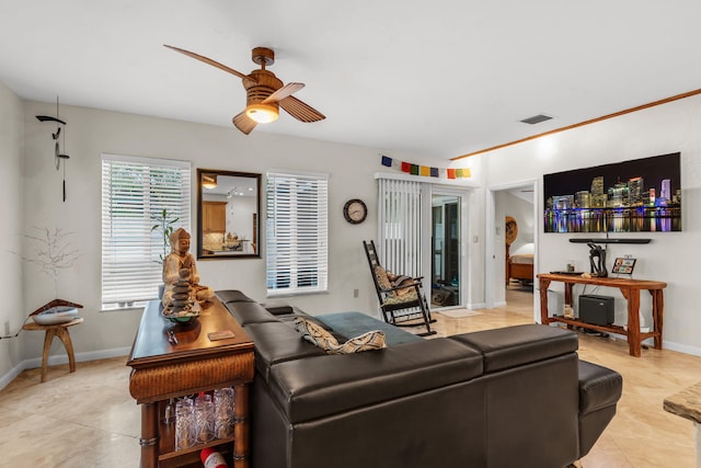 living room featuring ceiling fan