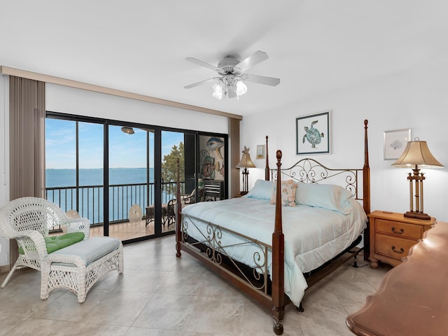 96000 Overseas Hwy Unit X2336Ftslip, Key Largo, FL 33037 - bedroom featuring access to outside, ceiling fan, light tile patterned flooring, and a water view