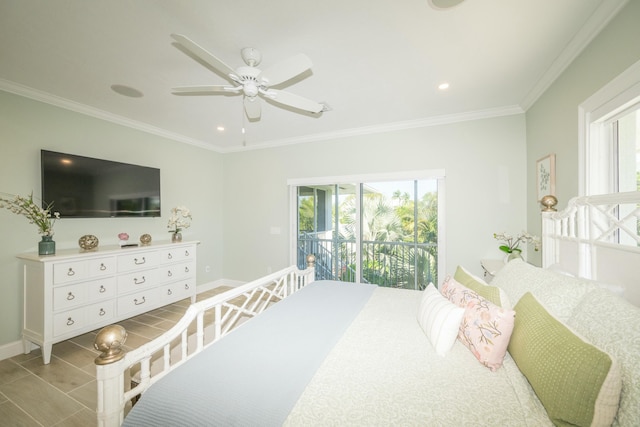 bedroom with ceiling fan, ornamental molding, multiple windows, and access to outside