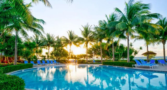 view of pool at dusk