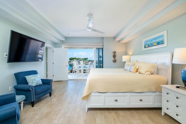 bedroom featuring access to outside, ceiling fan, and light hardwood / wood-style flooring