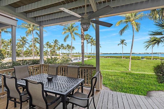 wooden terrace featuring a water view, a yard, and ceiling fan